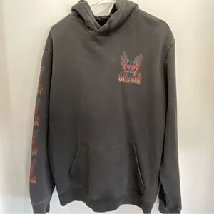 All Saints Black Pullover Hoodie with Winged Skull Flame Graphic
